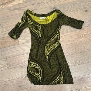 Zara Green and Yellow Sheath Mini Dress with Puff Sleeves